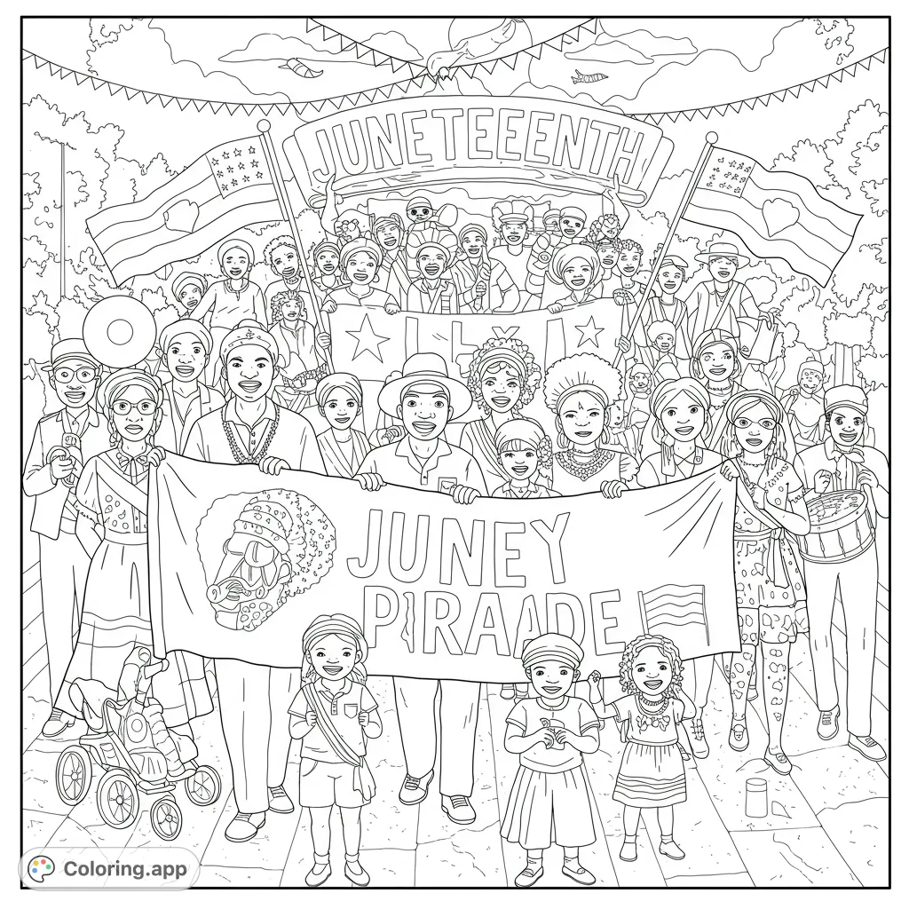 Celebrate Juneteenth with this vibrant parade coloring page featuring diverse people, banners, and flags. A joyful scene for all ages.