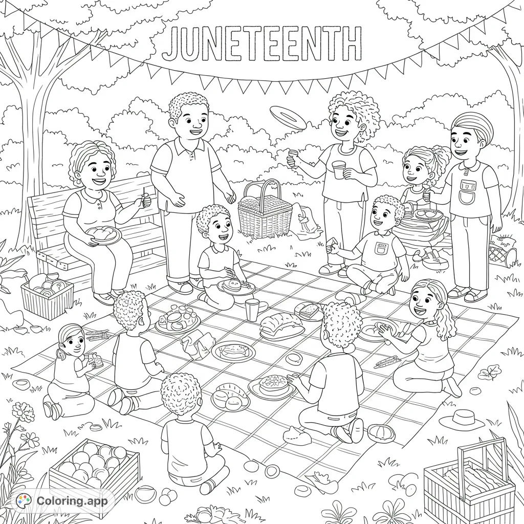 Celebrate Juneteenth with this free printable family picnic coloring page! Features a diverse group enjoying food and fun outdoors. Perfect for kids and adults.