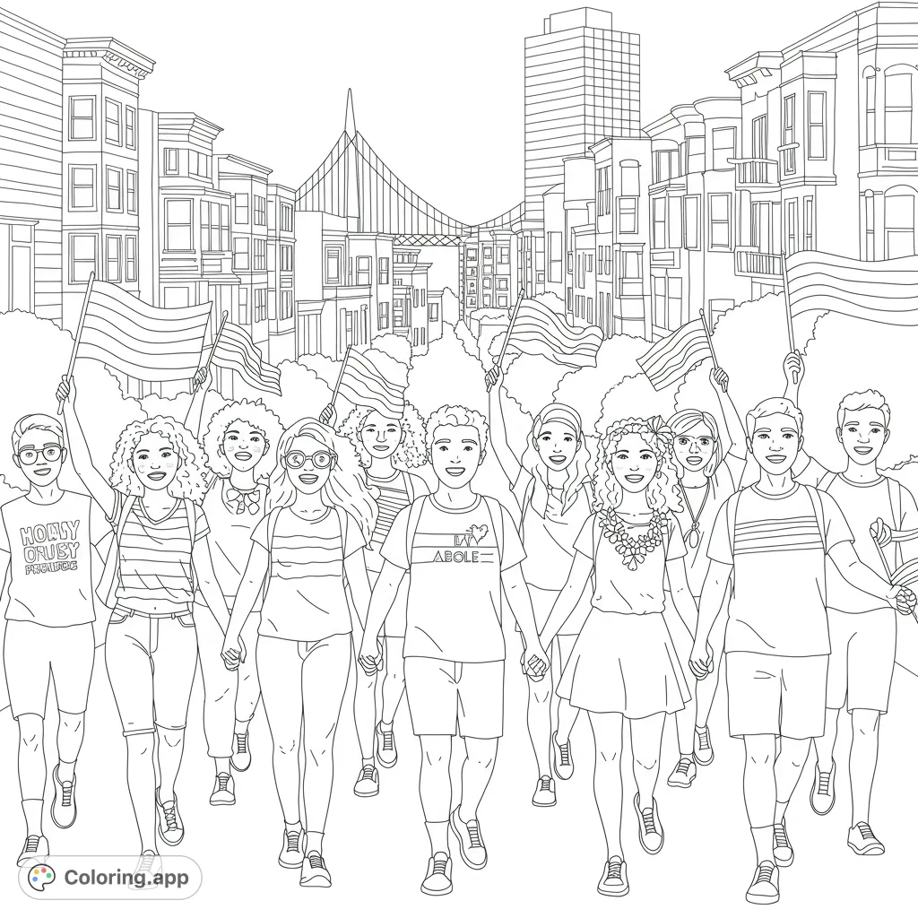 Celebrate diversity with this vibrant parade scene. A joyful crowd marches through a city, waving flags, perfect for a free printable coloring page.