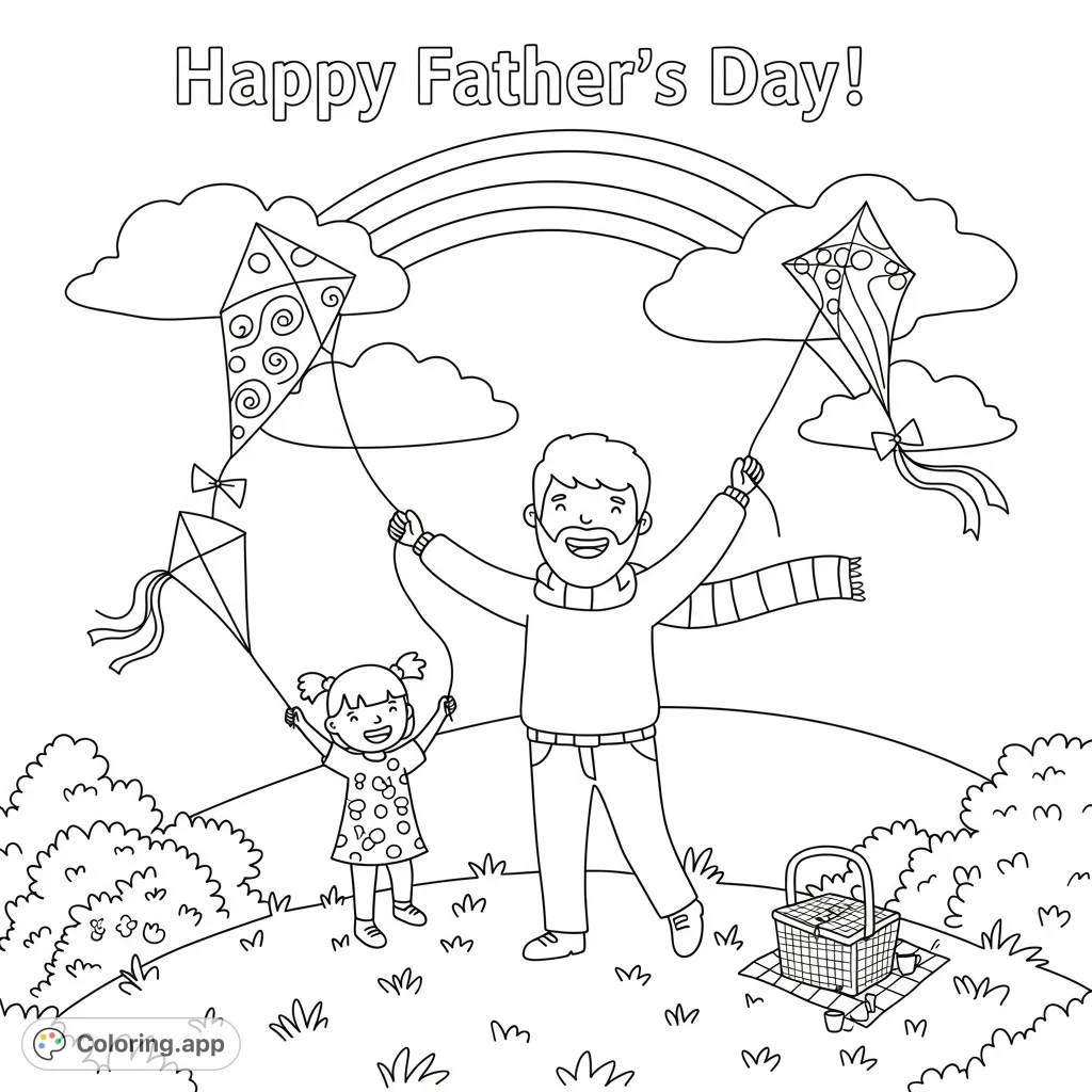 A heartwarming Father's Day coloring page featuring a dad and daughter joyfully flying kites in a park, complete with a rainbow and picnic.