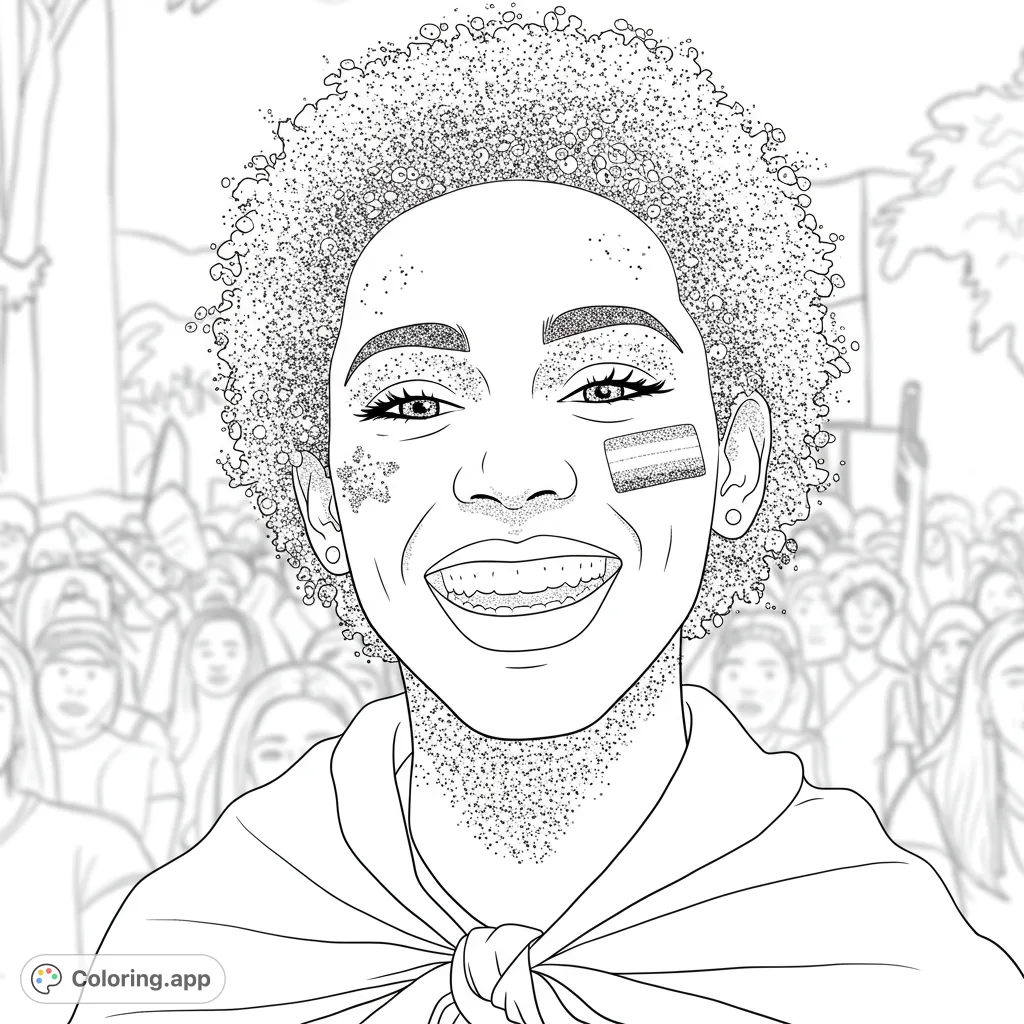 A joyful person with glitter and a pride flag on their cheek, smiling amidst a diverse crowd. Celebrate diversity and community spirit!