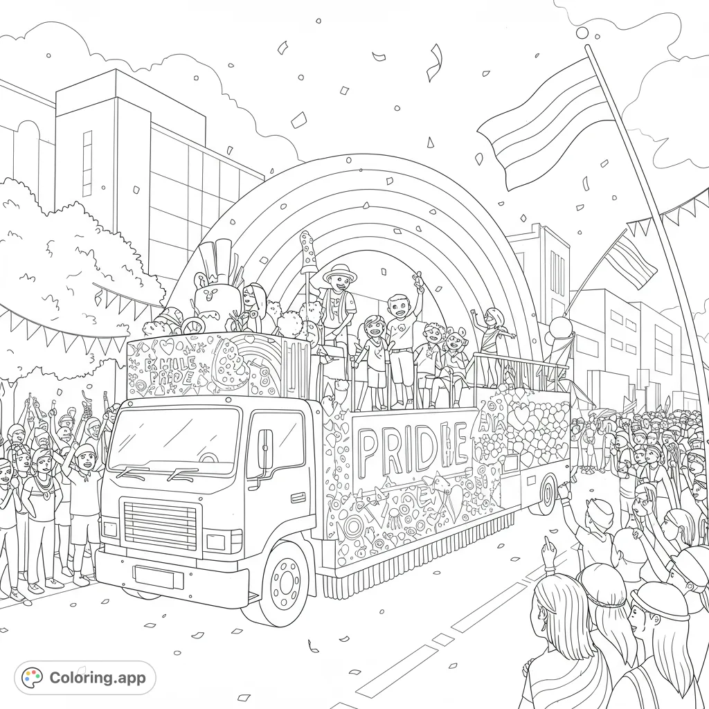 Celebrate diversity with this vibrant Pride parade scene! A festive float, cheering crowds, and a grand rainbow await your colors.
