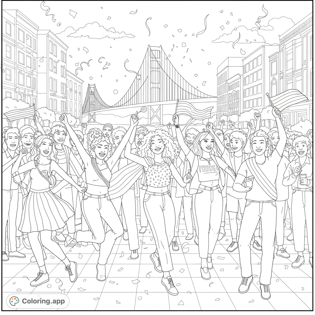 Celebrate diversity with this vibrant Pride parade coloring page! A free printable coloring page featuring a joyful crowd, city buildings, and an iconic bridge. Perfect for adults.