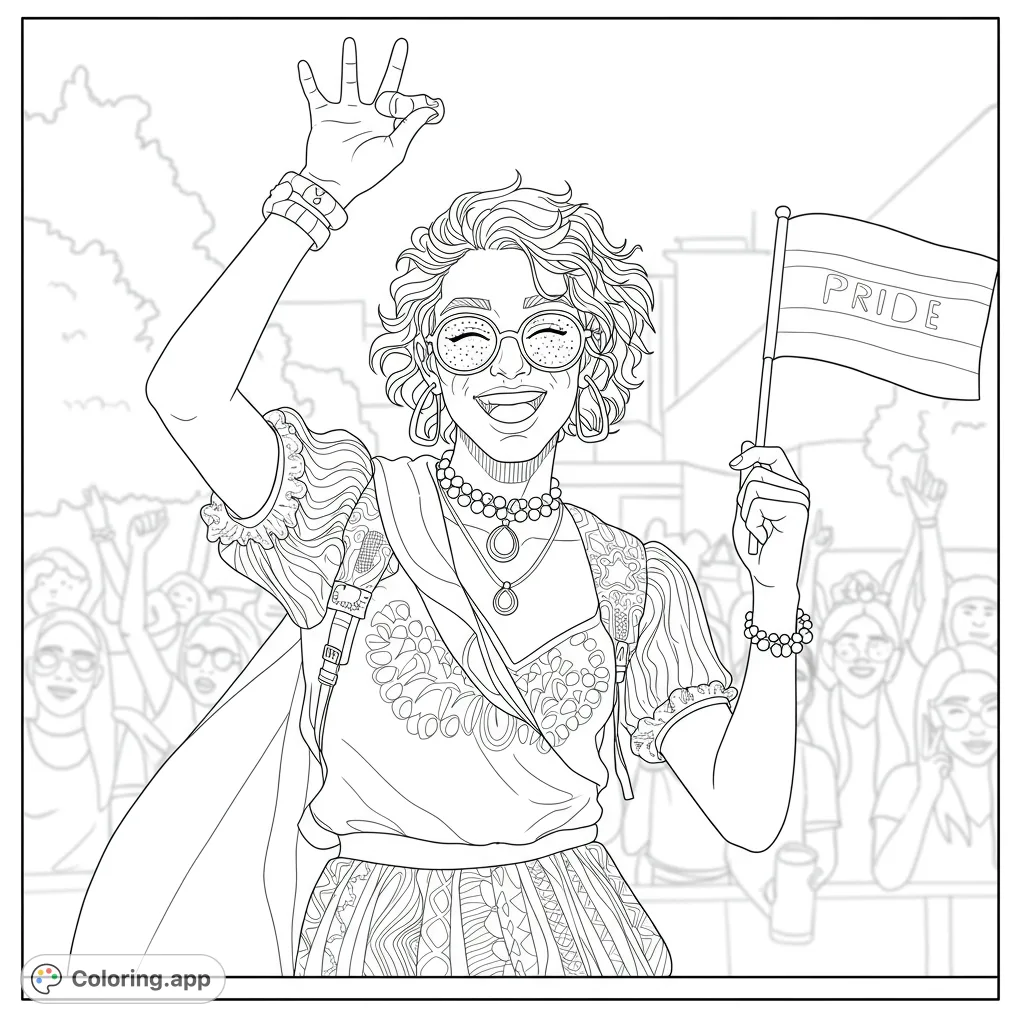 Celebrate joy and community with this vibrant pride parade coloring page featuring a smiling person holding a Pride flag amidst a cheering crowd.
