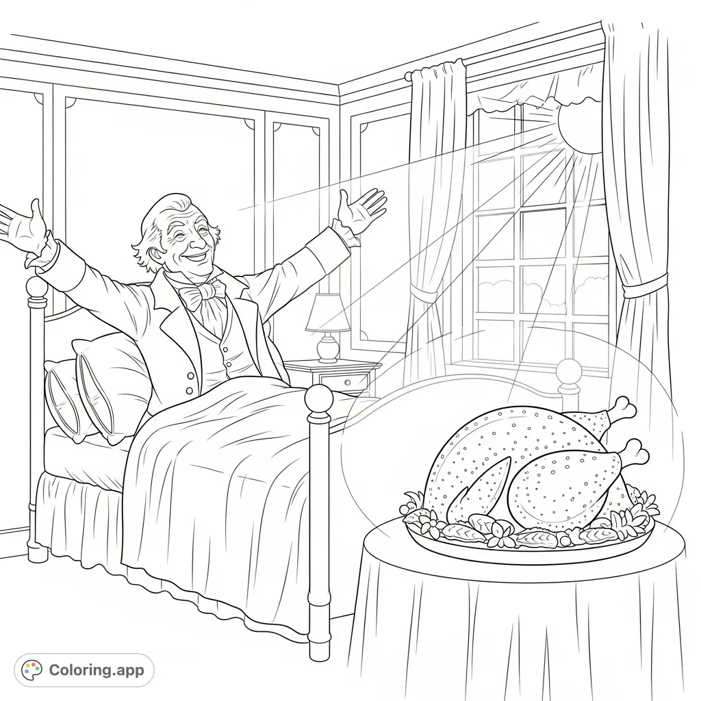 Experience the warmth of a transformed Ebenezer Scrooge waking joyfully on Christmas morning, a plump turkey awaiting its journey. A heartwarming scene!