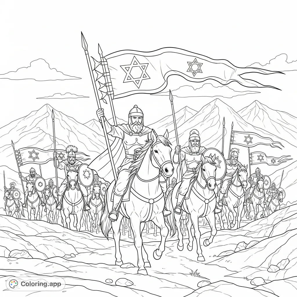 Experience the historical drama of Judas Maccabeus leading his cavalry charge with Star of David banners across a rugged plain, framed by mountains. An intense battle scene.