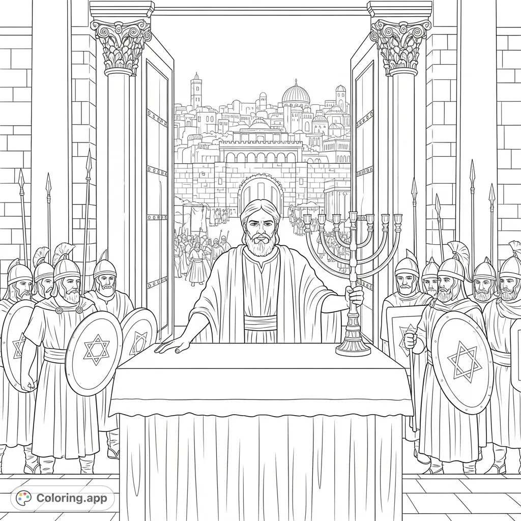 Experience a powerful historical moment with this Judas Maccabeus coloring page. Depicting the Temple's reconsecration, surrounded by warriors and a gleaming menorah.