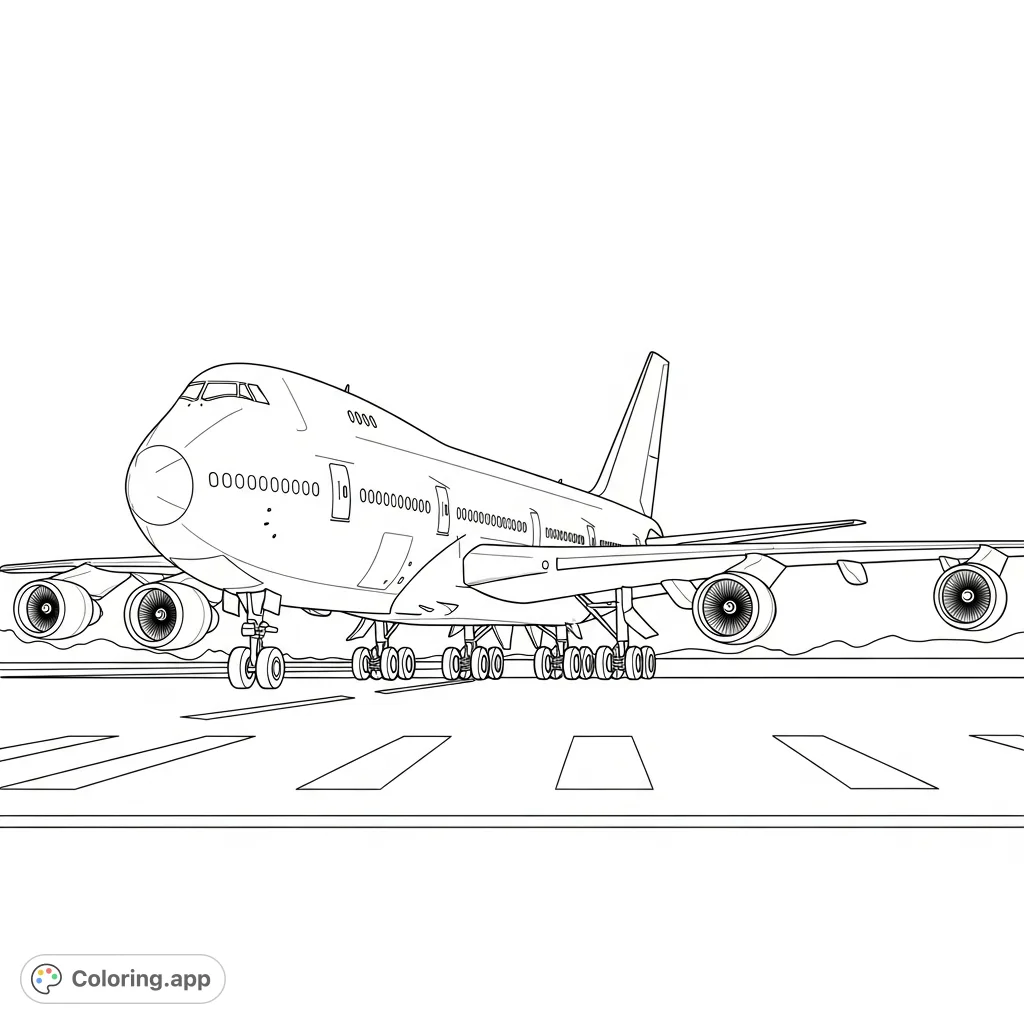 A powerful jumbo jet in a clear side profile, featuring four engines and a wide body. Simple runway markings provide an airport backdrop for this impressive aircraft.