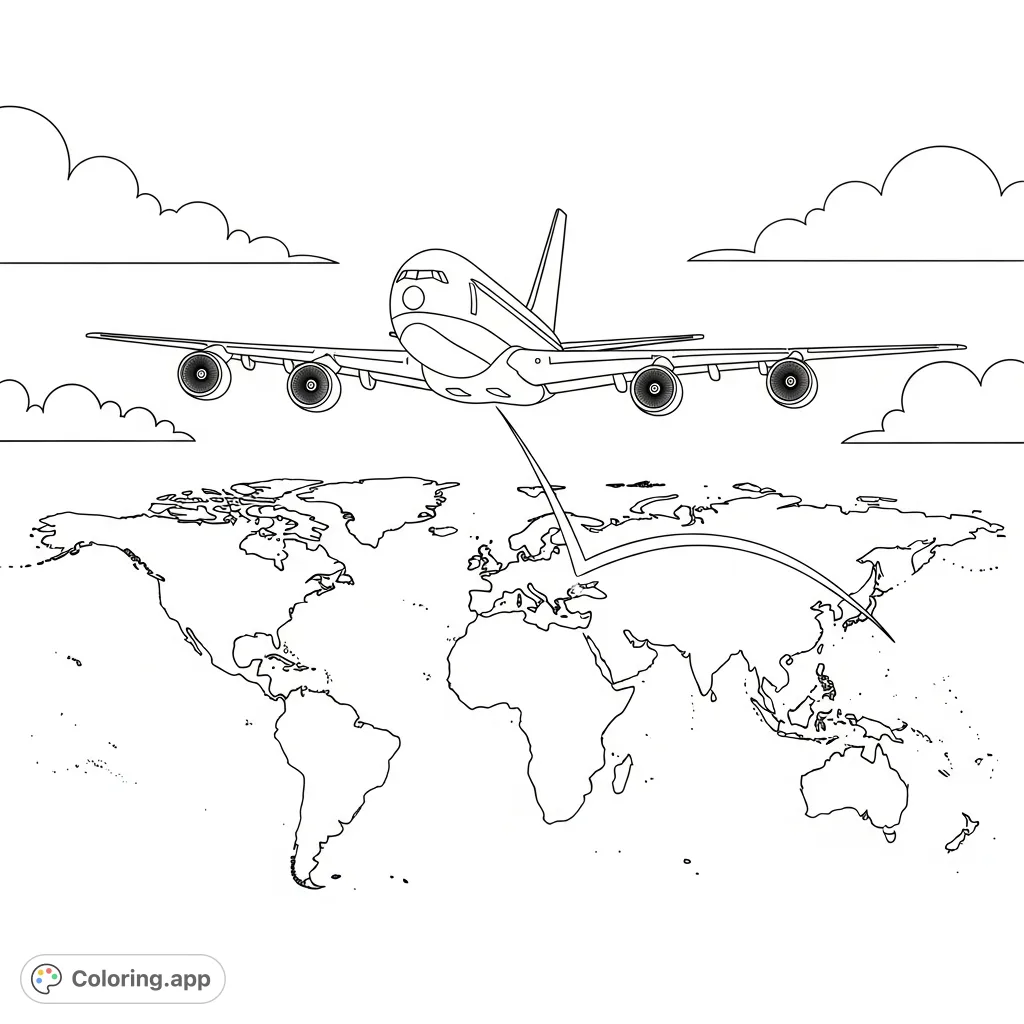 Color a jumbo jet gracefully flying over a detailed world map, complete with continents, oceans, and a dynamic flight path. Perfect for travel enthusiasts!