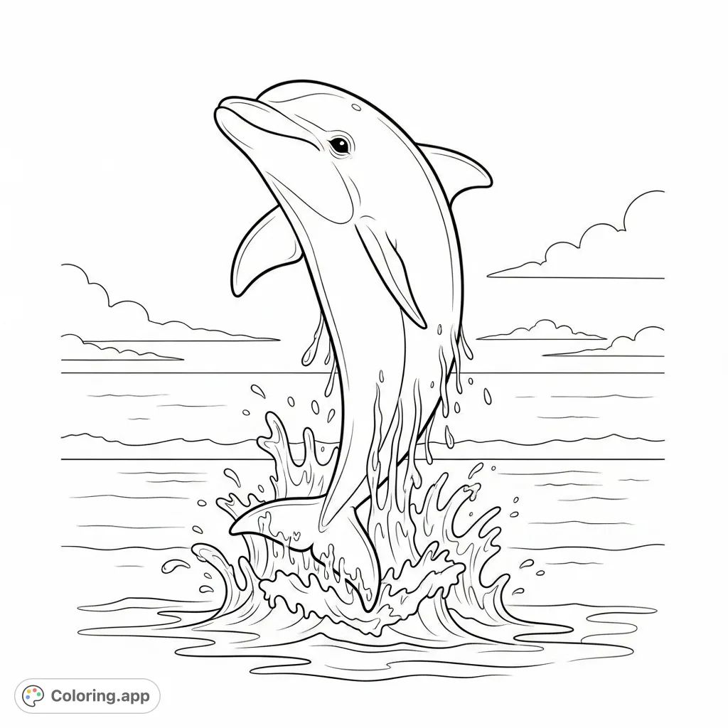 A joyful dolphin leaps from the ocean, creating a dynamic splash. A perfect page for marine enthusiasts to color with vibrant aquatic hues.