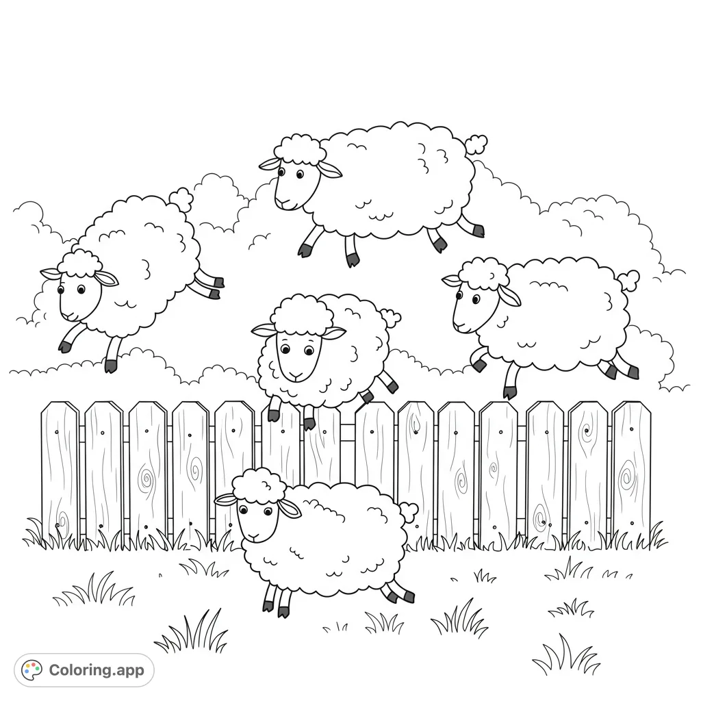Five fluffy sheep, four mid-jump over a rustic wooden fence, one on the ground. A charming farm scene perfect for a free printable sheep coloring page.