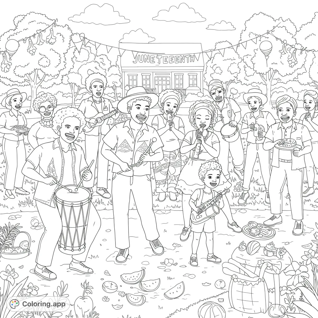 Celebrate Juneteenth with this vibrant coloring page featuring a joyful community gathering, music, and delicious food in a festive outdoor setting.