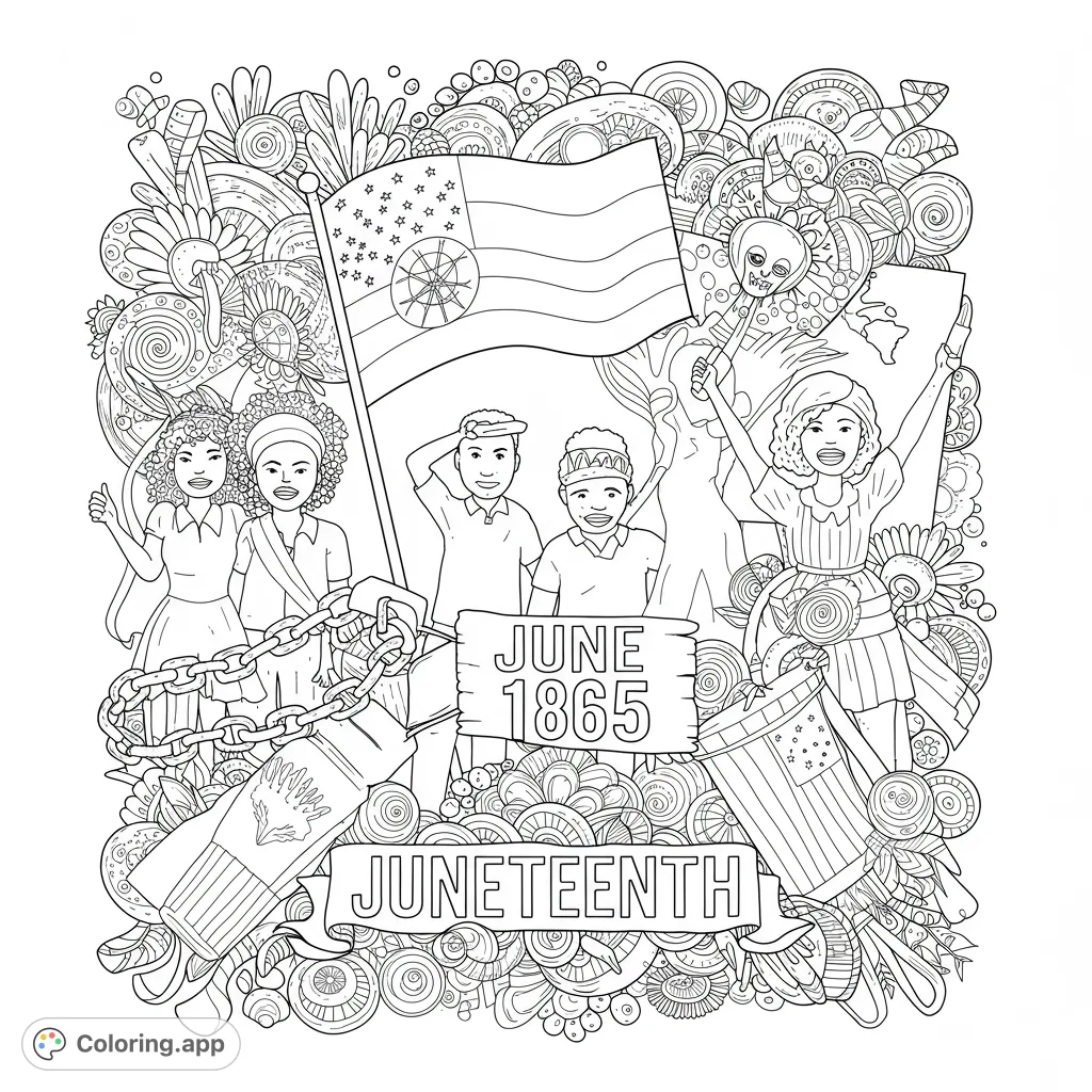 Celebrate Juneteenth with this vibrant scene featuring diverse people, a freedom flag, broken chains, and festive patterns. A free printable Juneteenth coloring page for all ages.