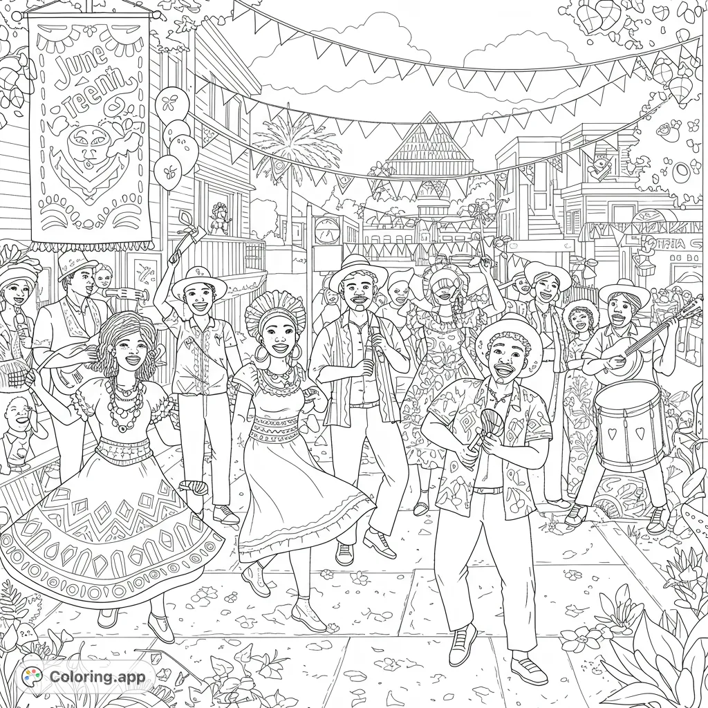 A vibrant Juneteenth street celebration coloring page featuring diverse people dancing, playing music, and festive decorations. Free printable for all ages!