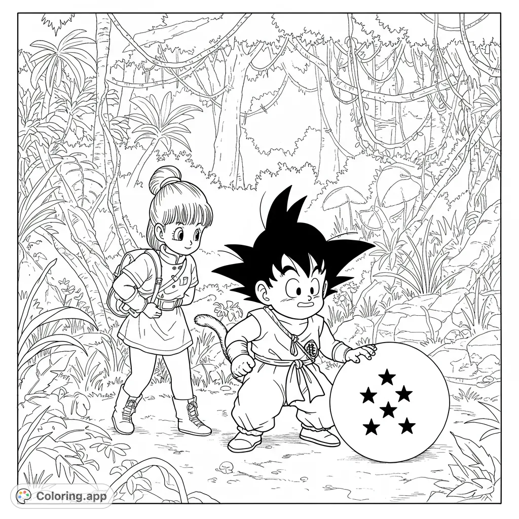 Embark on an anime adventure! A spiky-haired boy and a girl with a bun explore a dense jungle, discovering a mystical starred orb. Free printable fun!