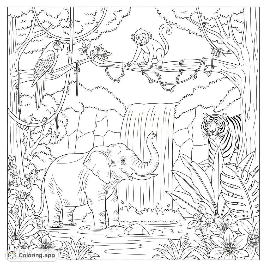 Discover a vibrant jungle scene featuring an elephant, monkey, parrot, and tiger near a majestic waterfall. A wild oasis full of intricate details.