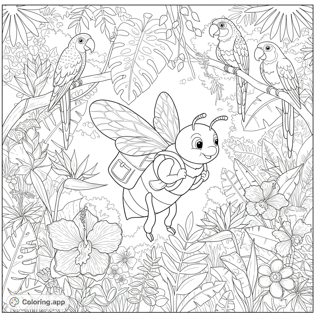 A delightful jungle adventure coloring page featuring a cute bee with a backpack, surrounded by exotic parrots and lush tropical plants. Free printable fun!