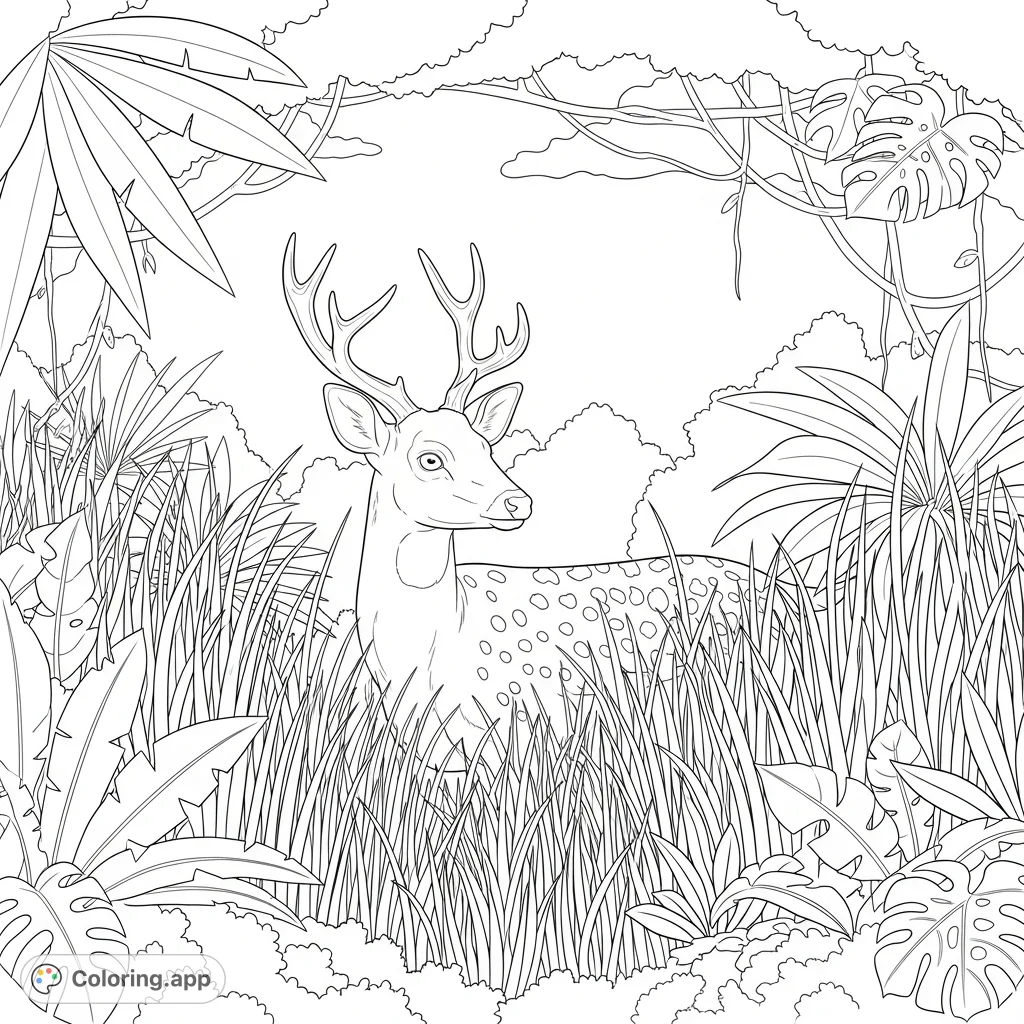 Discover a serene jungle deer, partially hidden among dense, tall tropical grass. Intricate foliage and hints of dappled light create a tranquil scene.