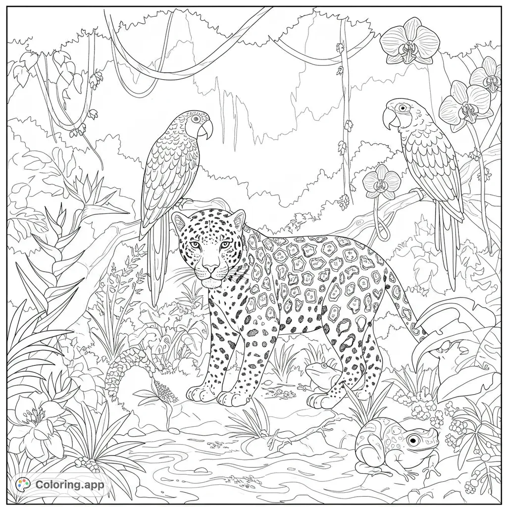 Explore a vibrant jungle scene featuring a majestic jaguar, colorful parrots, and hidden frogs. A free printable rainforest adventure coloring page.