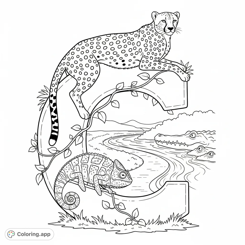 Discover a vibrant jungle letter C coloring page featuring a lounging cheetah, climbing chameleon, and peeking crocodile. A detailed animal alphabet adventure!