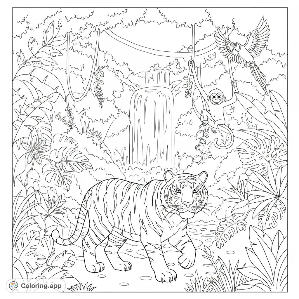 Explore a vibrant jungle scene featuring a majestic tiger, playful monkey, and soaring parrot amidst lush foliage and a cascading waterfall. A wild adventure awaits your colors!