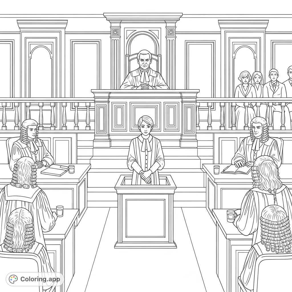 Step into a formal courtroom with a stern judge, nervous witness, and robed lawyers. A compelling scene of legal drama for focused coloring.