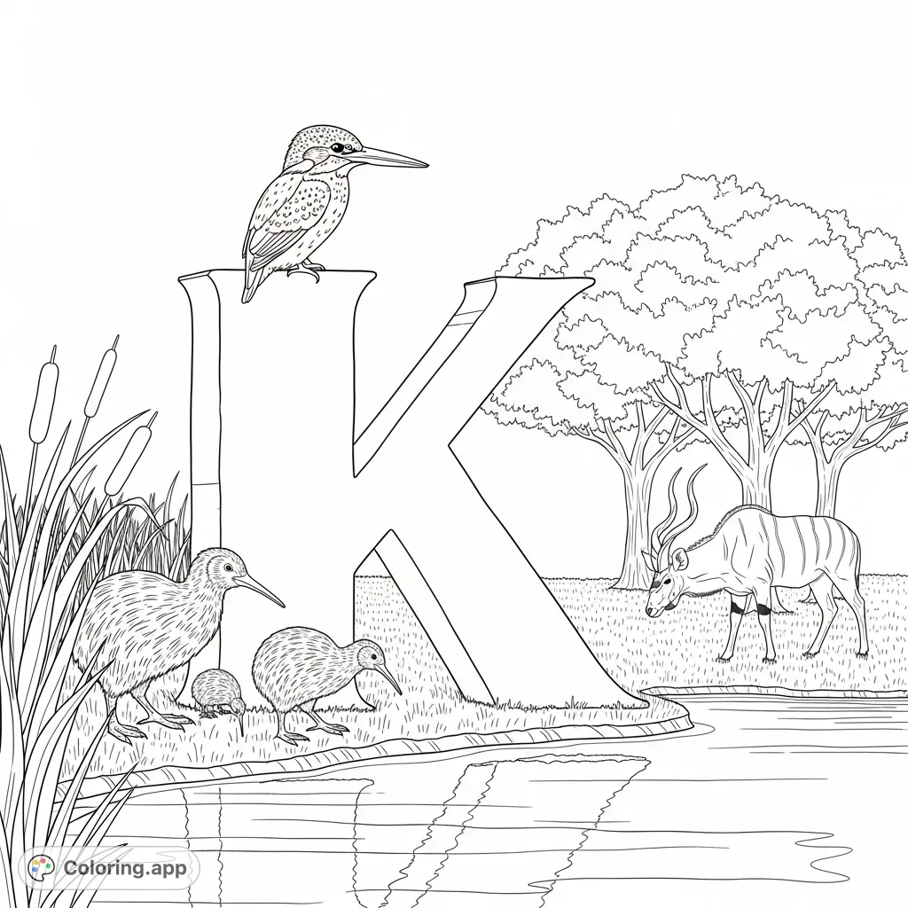 Explore the letter K with this detailed coloring page featuring a kingfisher, kiwi birds, and a kudu in a serene natural setting. A unique alphabet adventure!