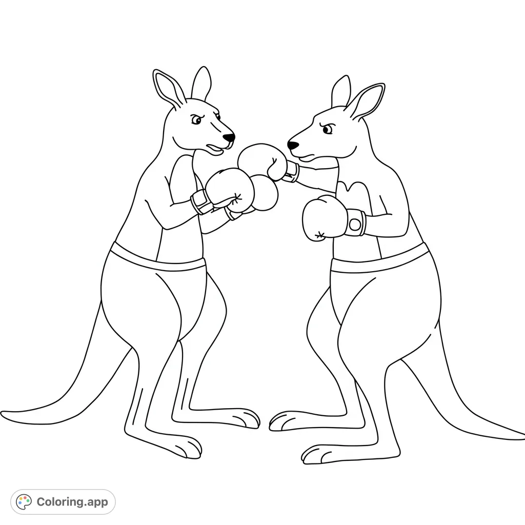 Dynamic kangaroo boxing match, ready for vibrant colors. A fun, free printable animal sports coloring page for all ages.