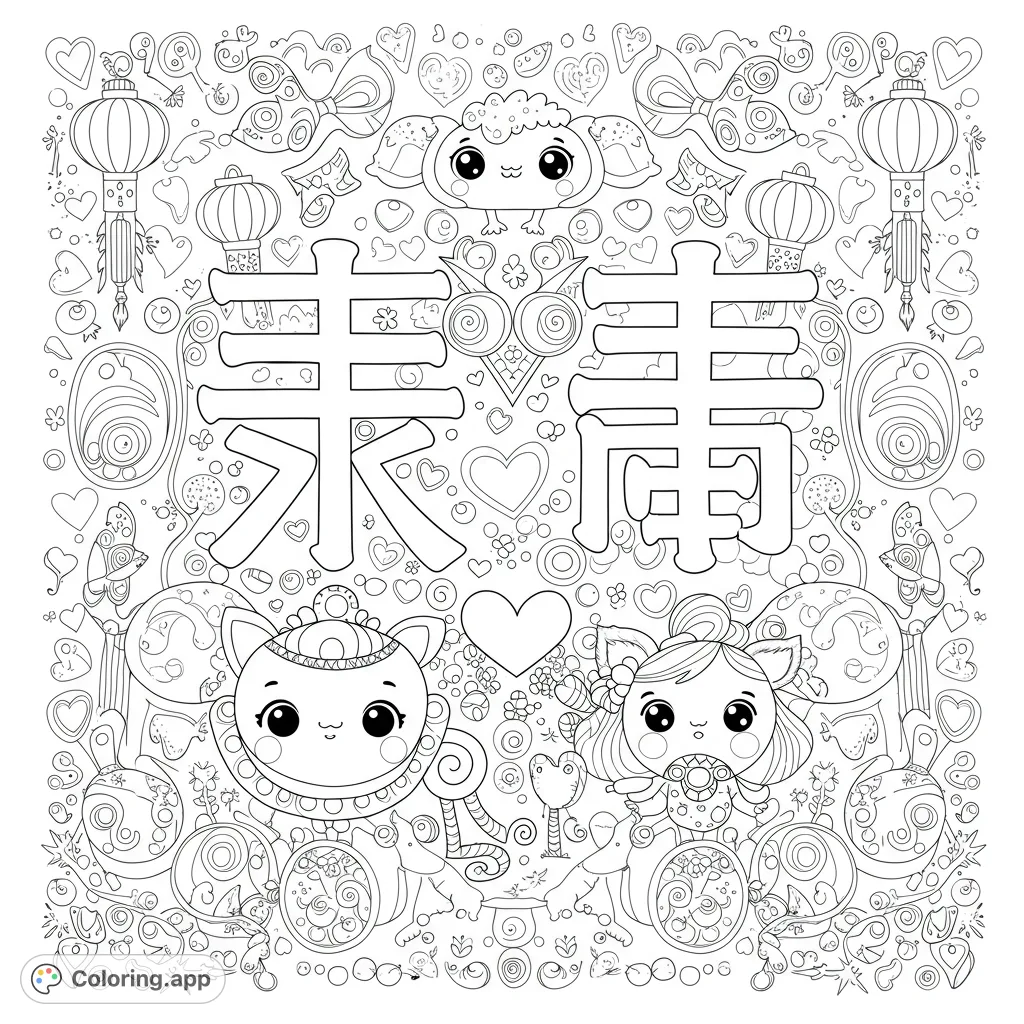 A vibrant, intricate kawaii Chinese celebration coloring page featuring cute characters, traditional lanterns, and auspicious symbols. Perfect for all ages.