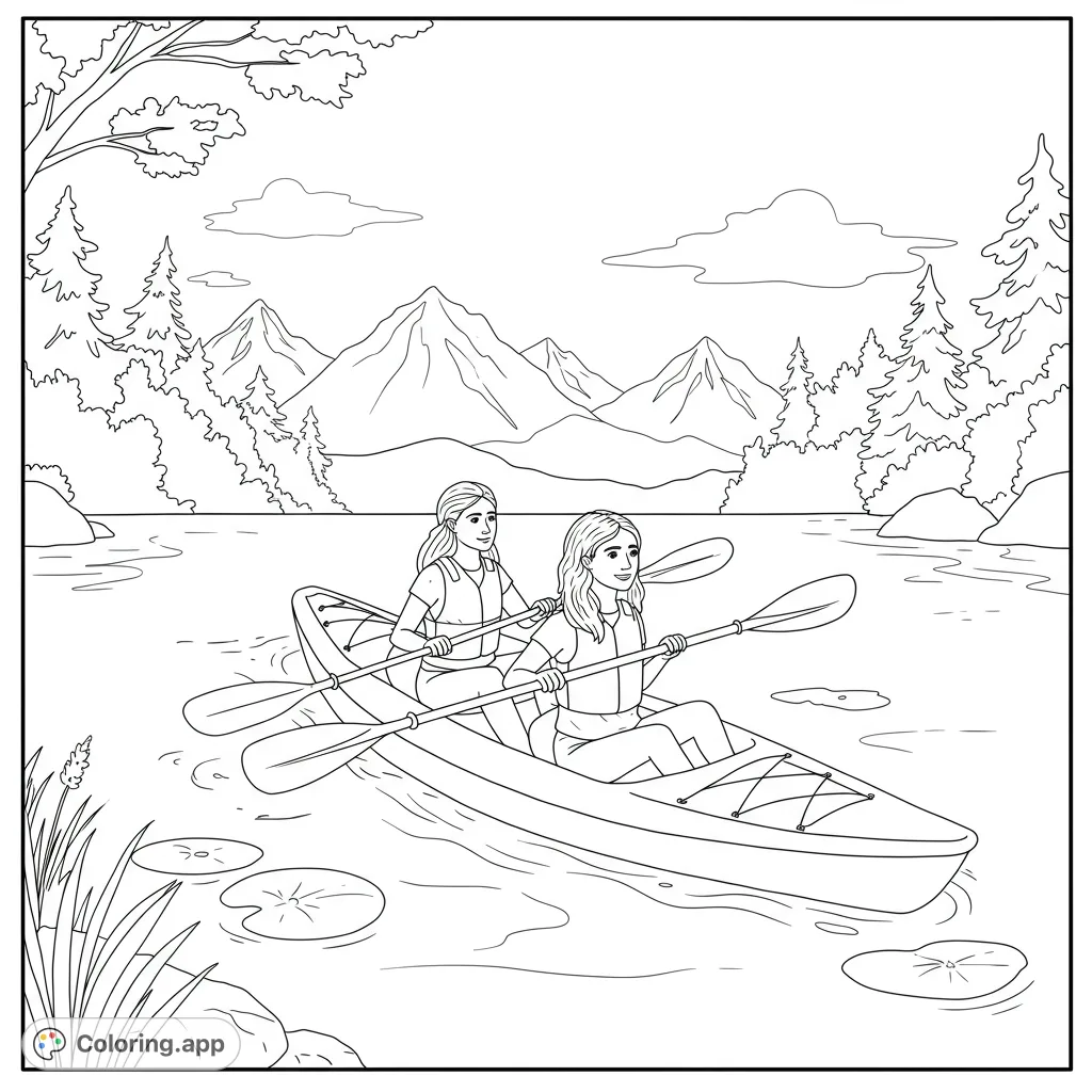 Two friends kayak on a serene lake, surrounded by majestic mountains and lush forests. A perfect outdoor adventure scene for all ages to color.