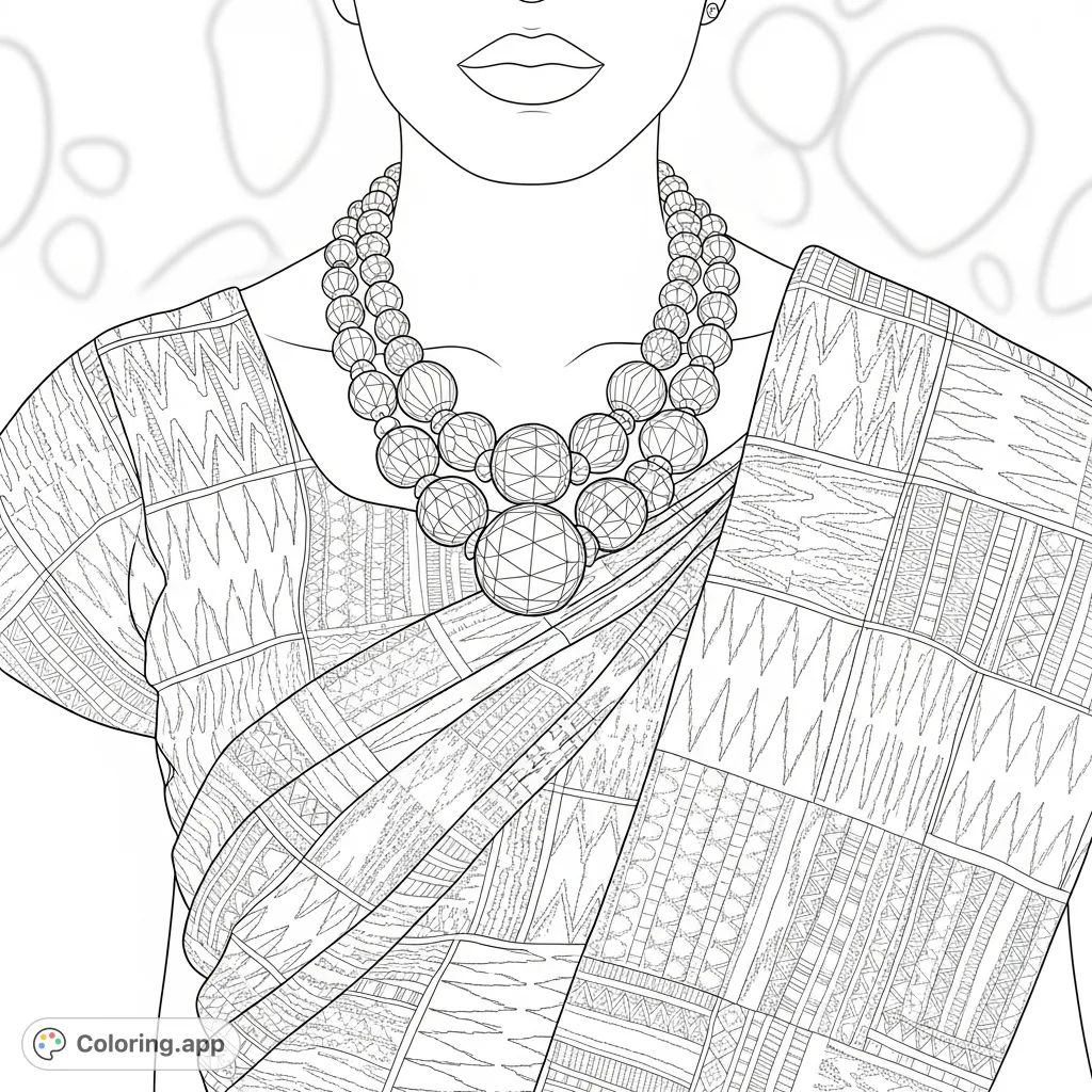 Explore a detailed Kente cloth coloring page featuring intricate woven patterns and a bold statement necklace. Perfect for cultural art enthusiasts.