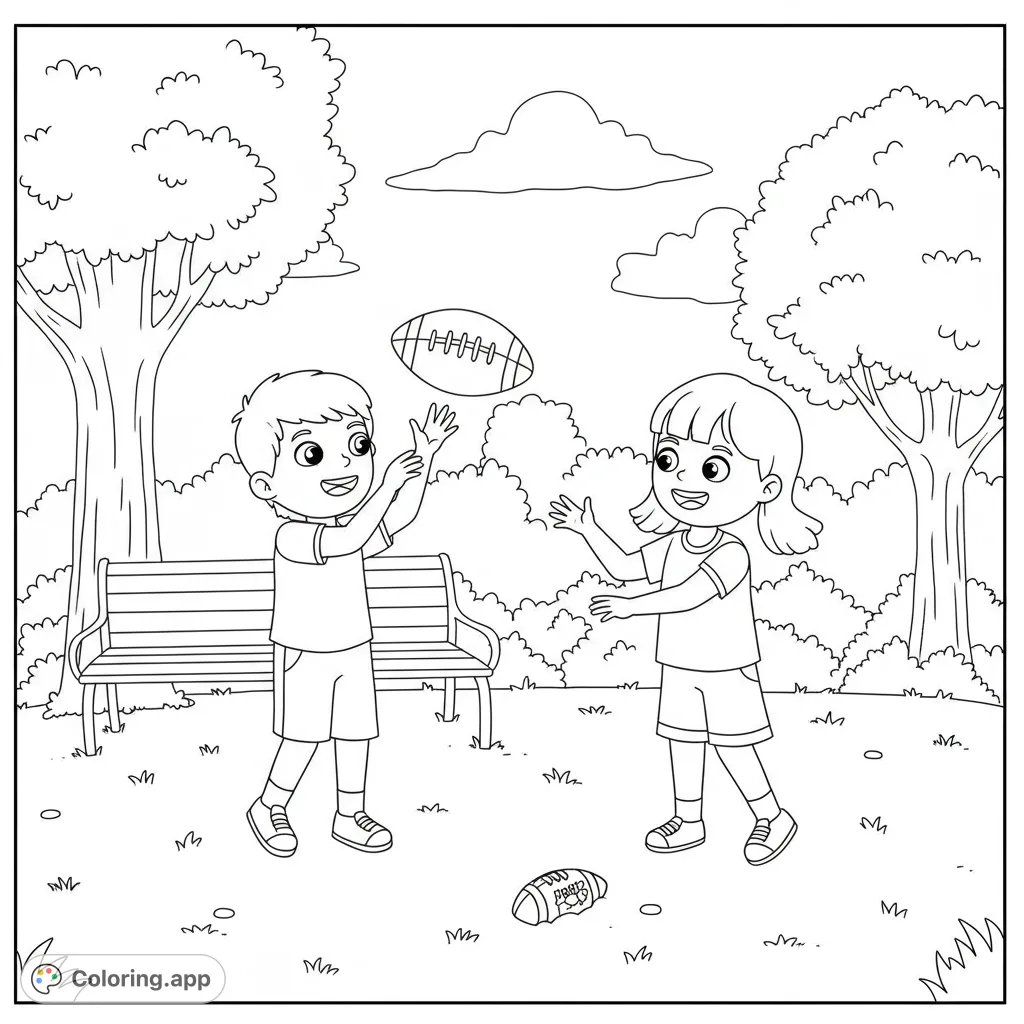 Joyful kids play football in a sunny park. A fun, free printable park play coloring page for active imaginations and outdoor fun.