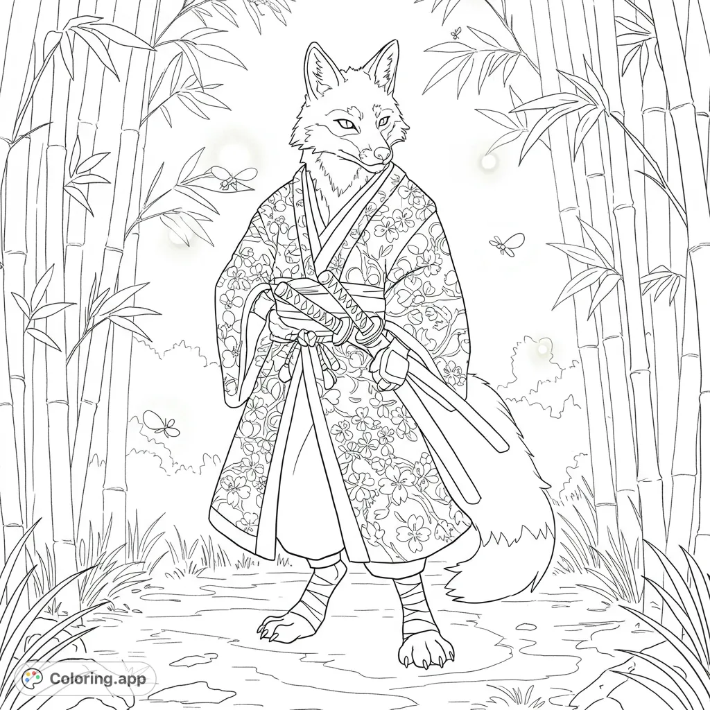 An elegant anthropomorphic fox in a detailed floral kimono stands amidst a serene bamboo forest. A free printable Japanese fox coloring page.