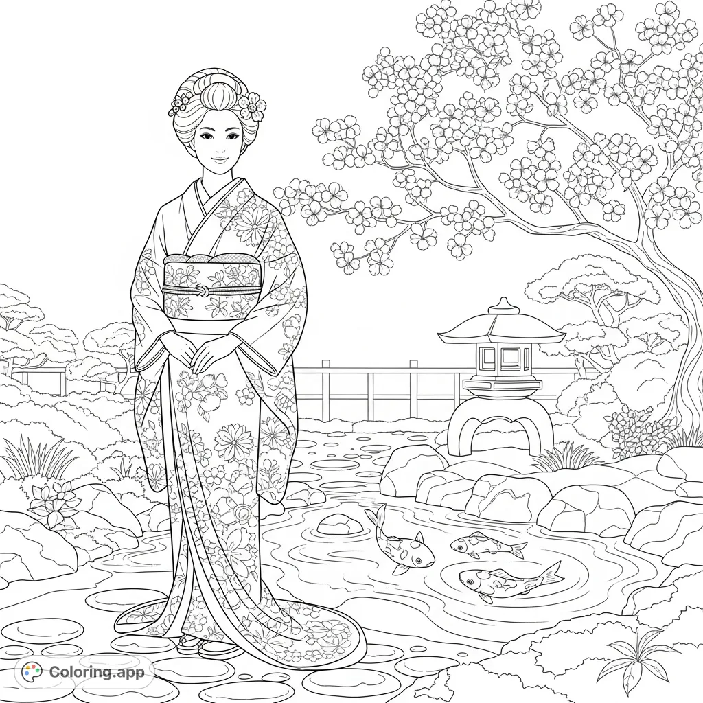 An elegant woman in a formal kimono stands serenely in a meticulously maintained Japanese garden, featuring intricate floral patterns, a koi pond, and a cherry tree.