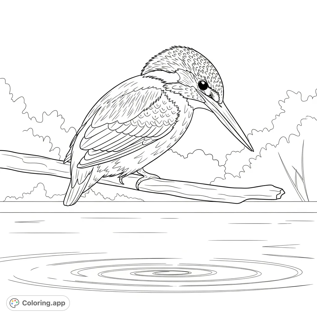 A vibrant kingfisher perches on a branch above calm water, perfectly poised and ready for its swift dive. Detailed feathers and gentle water ripples.