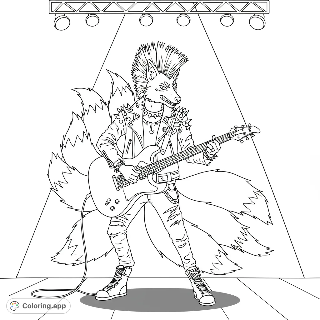 A cool punk rock kitsune playing electric guitar on stage under spotlights. Detailed jacket, multiple tails, and a dynamic pose.