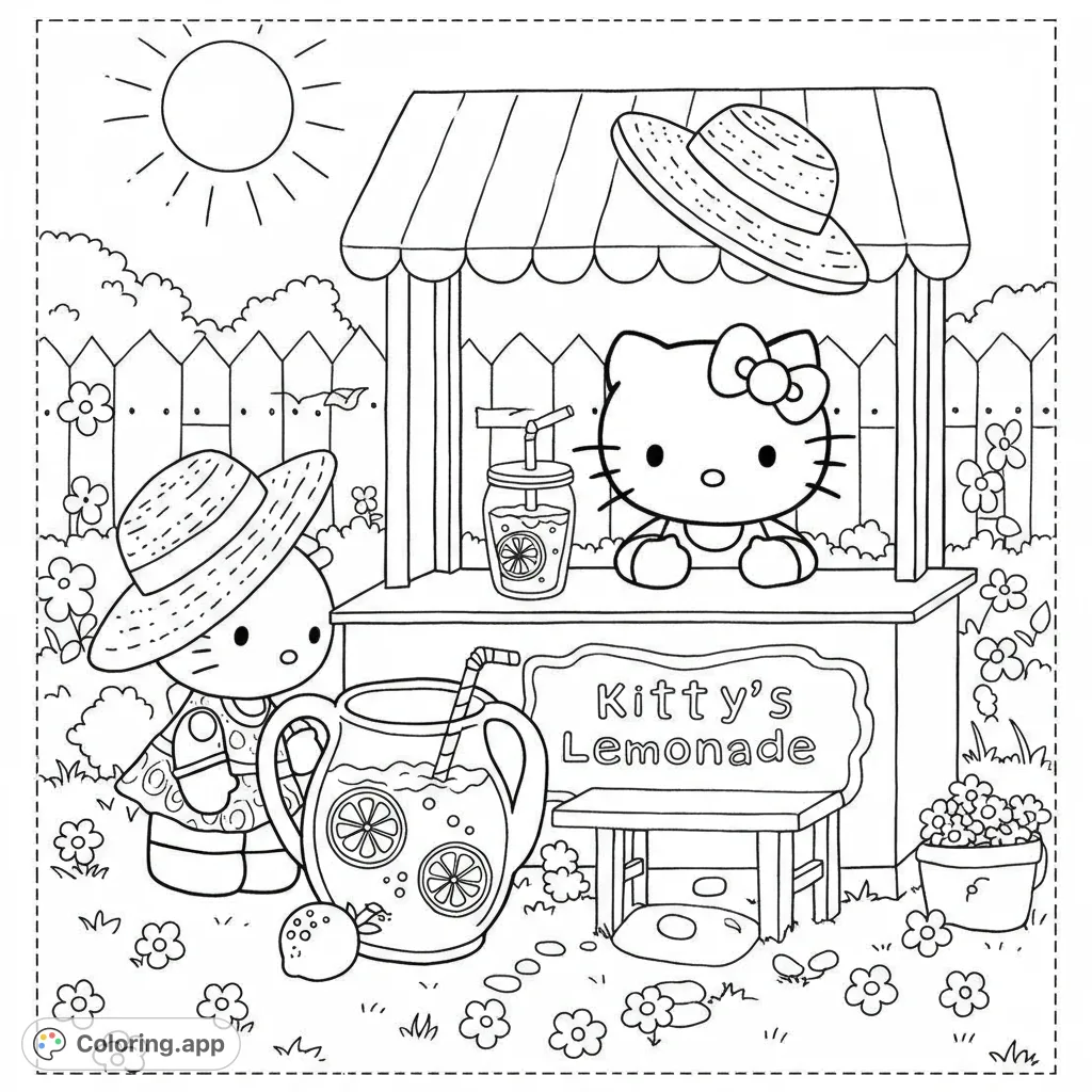 A delightful Hello Kitty lemonade stand scene with two characters, a pitcher of lemonade, and sunny outdoor details. Perfect for a sweet coloring adventure!