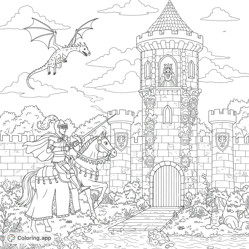 Embark on a medieval fantasy quest! A brave knight on horseback faces a flying dragon before a grand castle where a princess awaits. Free printable medieval fantasy coloring page for kids and adults.