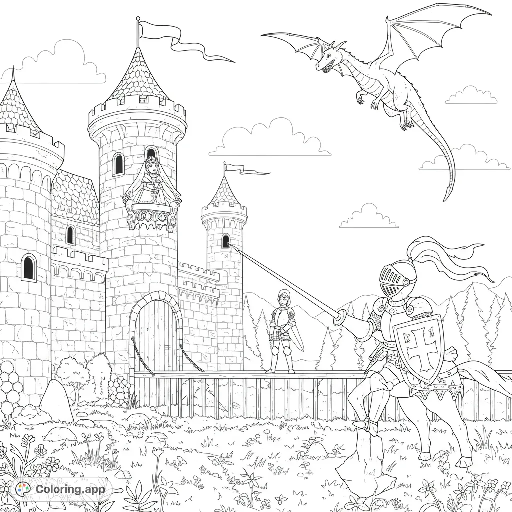 Epic medieval scene with a valiant knight, soaring dragon, and princess at a grand castle. A thrilling adventure awaits your colors!
