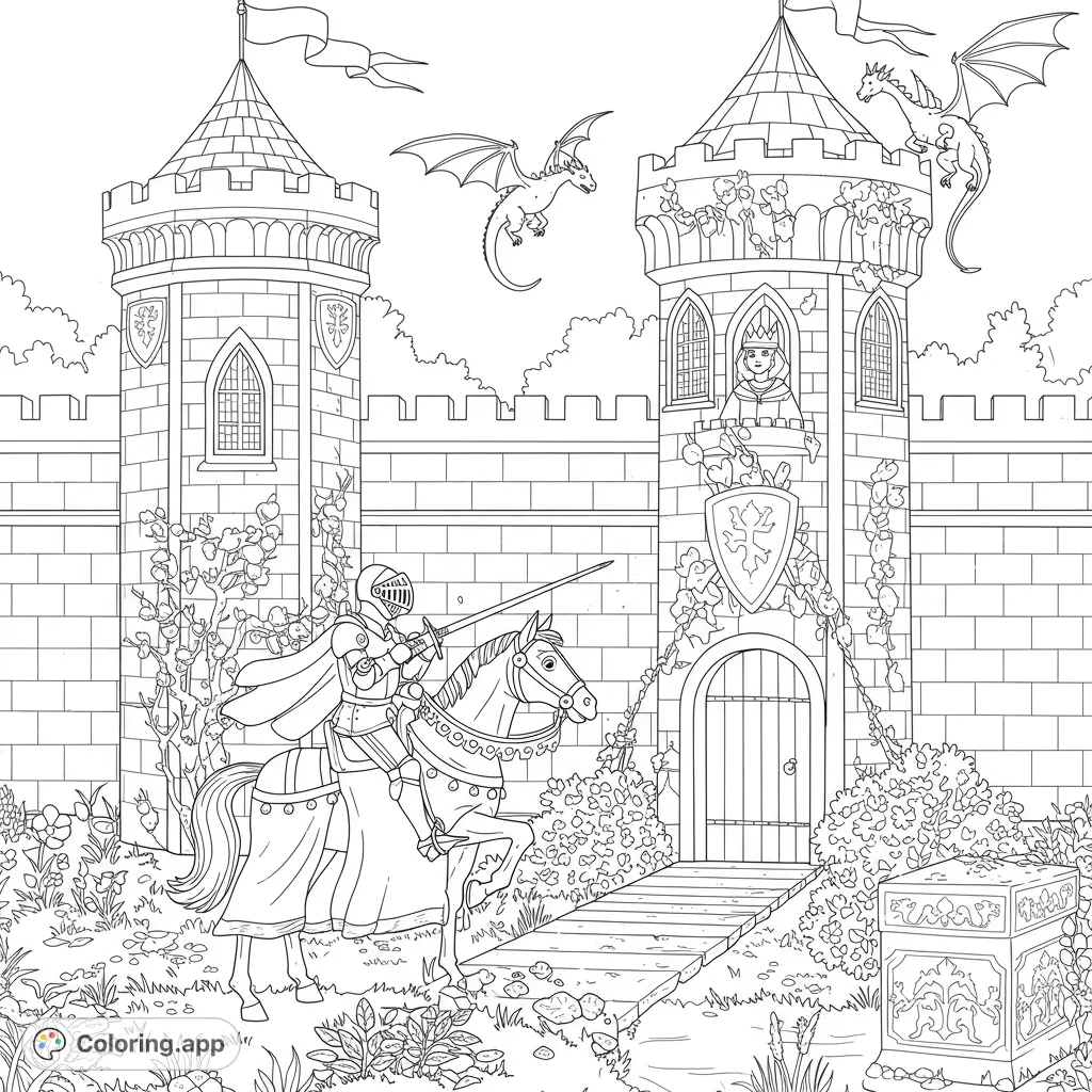 A thrilling medieval fantasy coloring page featuring a brave knight on horseback, majestic dragons, and a grand castle. Perfect for adventure lovers!