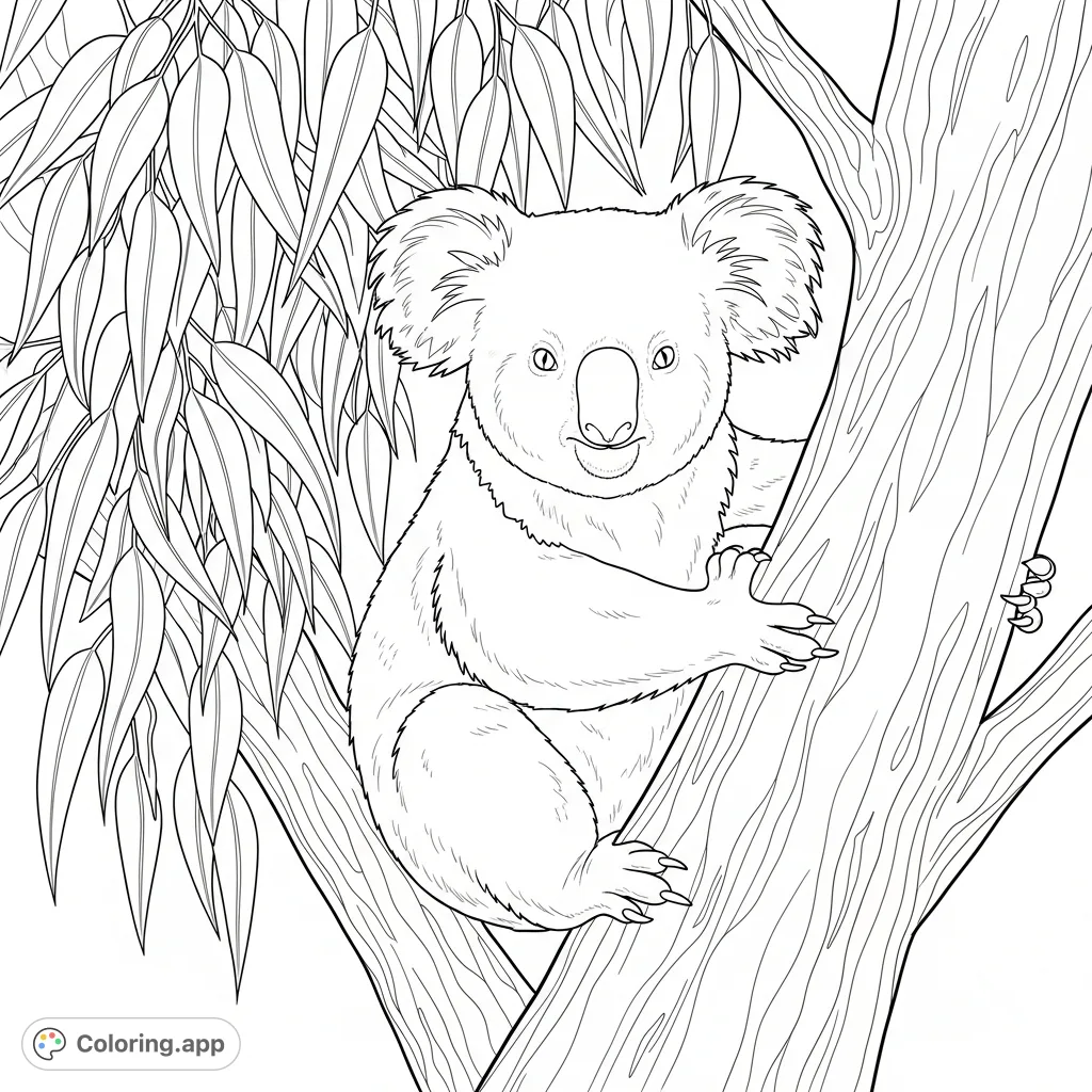 A charming koala clings serenely to a eucalyptus tree, surrounded by its distinctive leaves. This page offers a delightful Australian wildlife scene to color.
