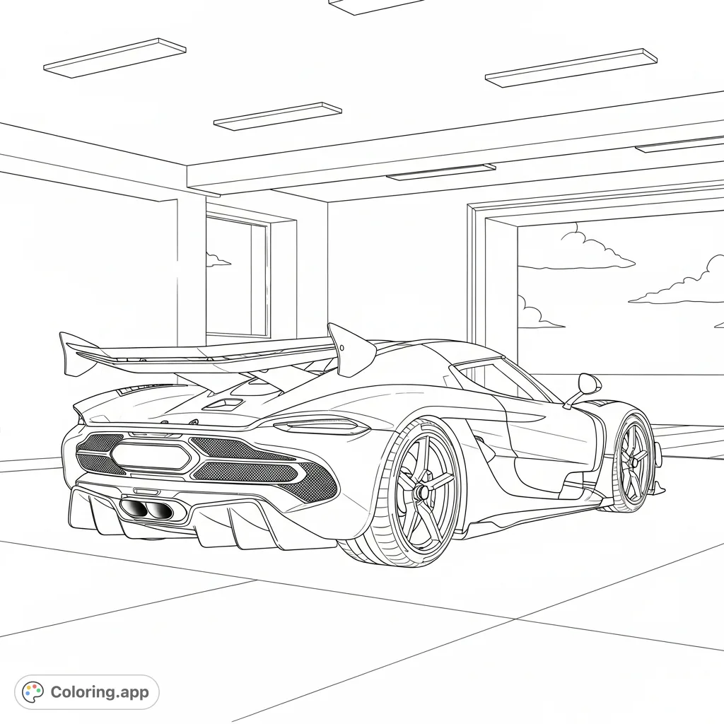Experience the ultimate supercar with this detailed Koenigsegg Jesko coloring page, showcasing its intricate rear wing and diffuser in a sleek garage setting. Perfect for automotive enthusiasts.