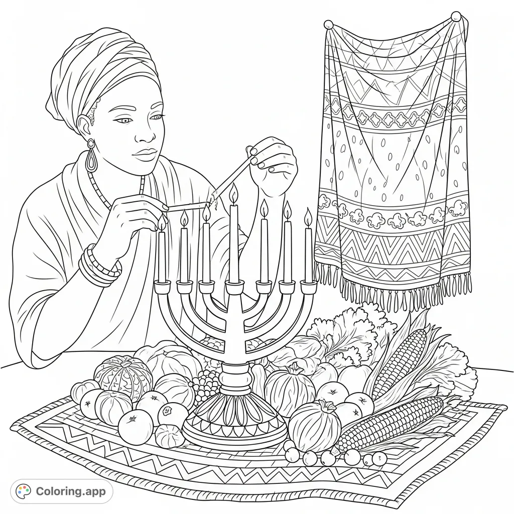 A thoughtful individual lights a candle in a kinara, surrounded by symbolic fruits, vegetables, and a patterned mat. A rich cultural Kwanzaa coloring page.