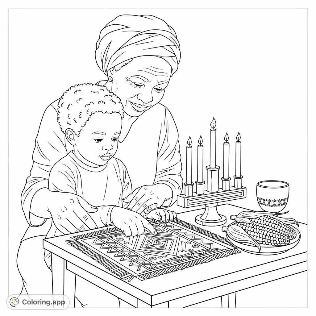 A heartwarming Kwanzaa scene featuring a grandparent and grandchild observing traditional symbols like the kinara, mkeka mat, and unity cup.