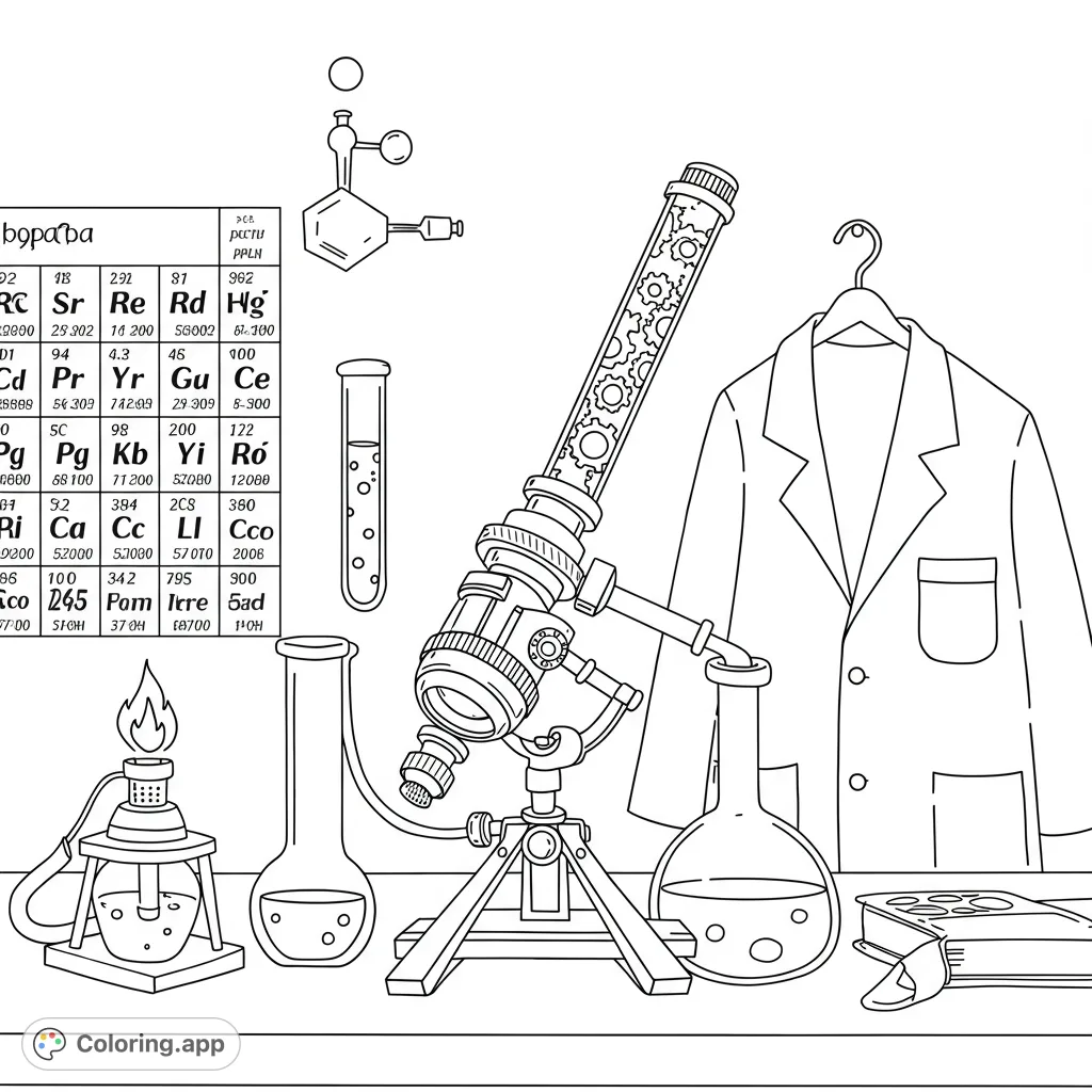 Explore a detailed science lab with a microscope, lab coat, and chemical glassware. A free printable science coloring page for all ages.