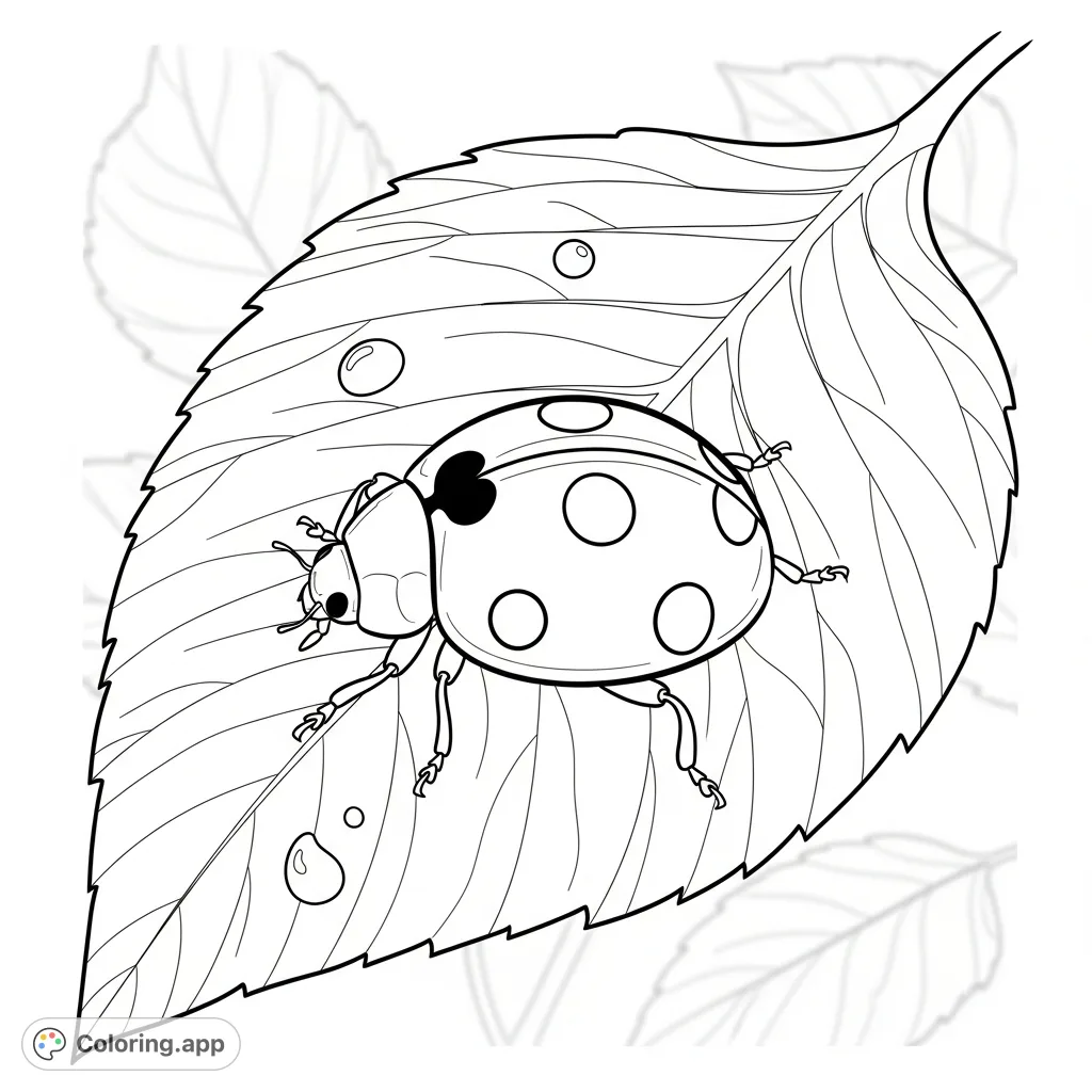 A detailed coloring page featuring a ladybug with prominent spots, delicately crawling across a large leaf with intricate vein patterns and dew drops.