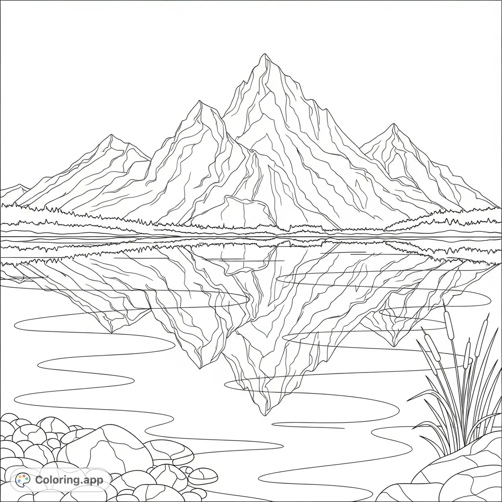 A tranquil lakeside scene featuring majestic mountains perfectly mirrored in calm waters, with simplified reflections and foreground elements for a relaxing coloring experience.