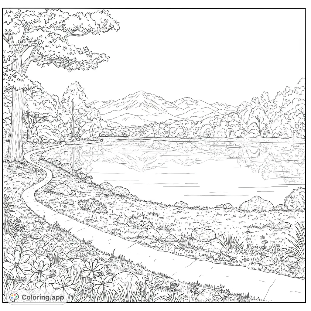 Explore a serene nature landscape coloring page featuring a winding lakeside path, reflective water, and majestic mountains. Free printable for all ages.