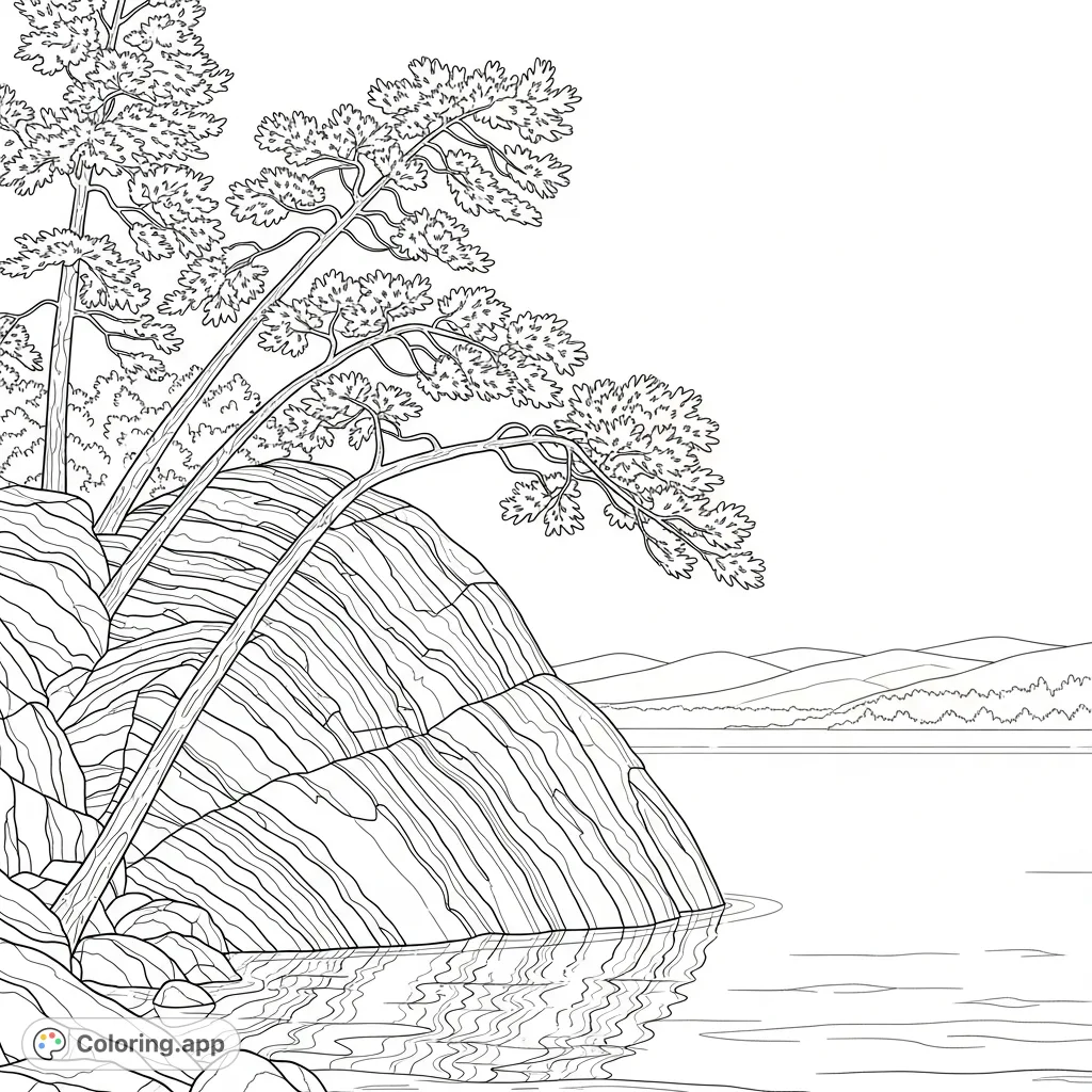 A tranquil lakeside scene featuring a rugged rock formation, slender pine trees leaning over calm water, and distant rolling hills under an open sky.