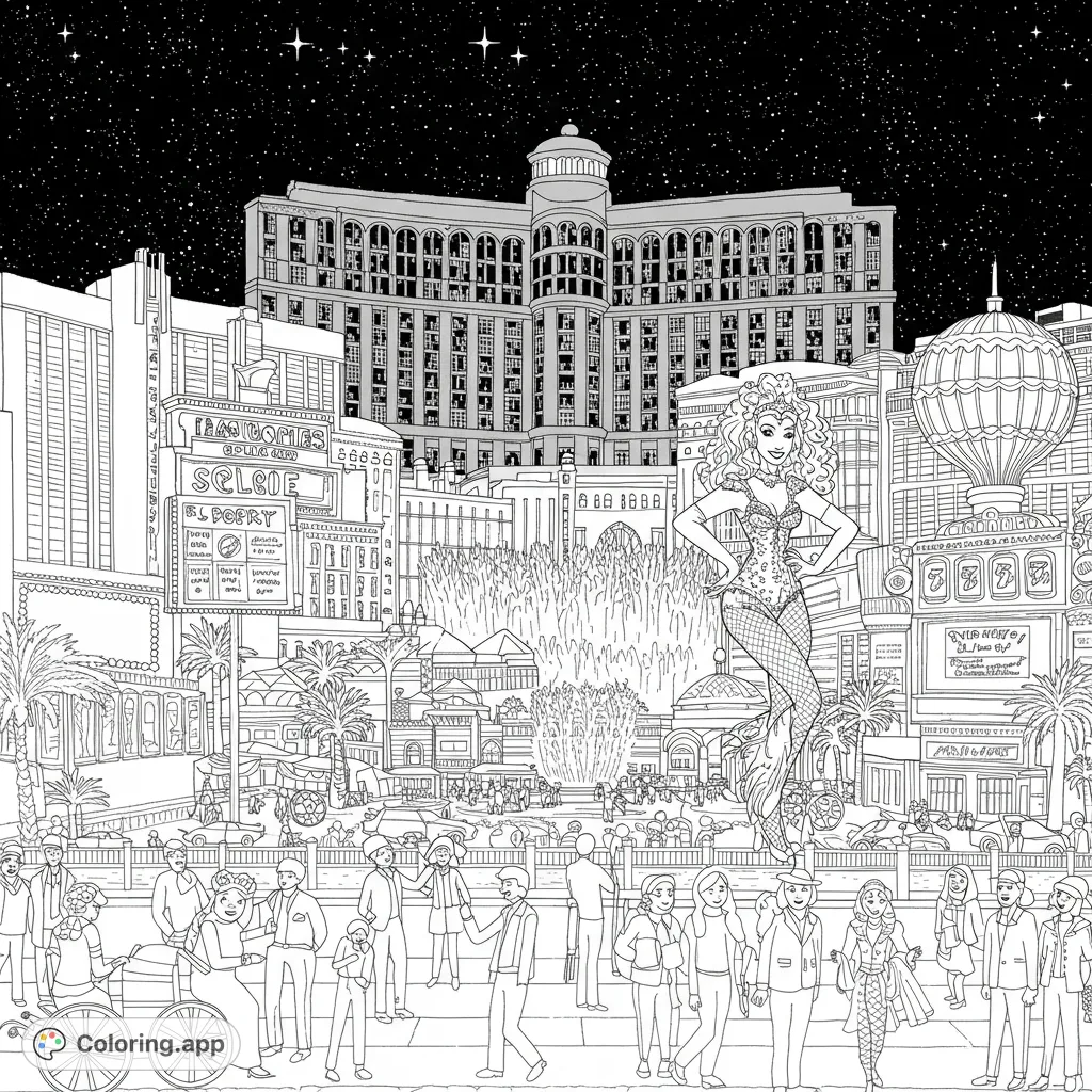 A dazzling Las Vegas cityscape coloring page featuring a glamorous showgirl, iconic hotels, bustling crowds, and vibrant street scenes under a starry night.